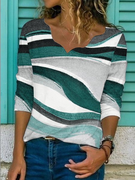 

Striped Casual Loose V Neck T-Shirt, Green, Tops