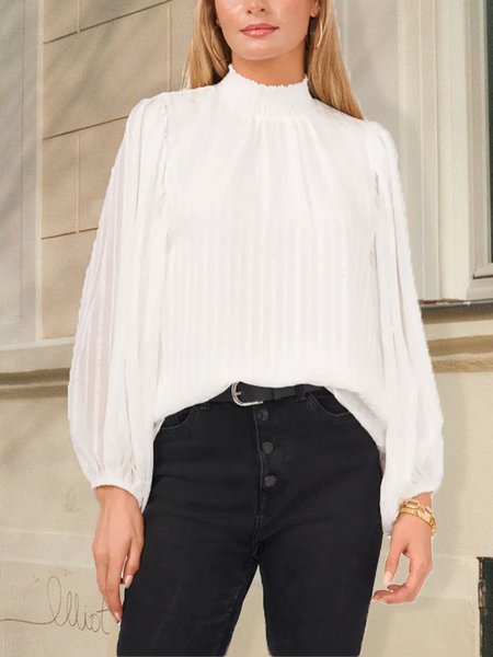 

Long Sleeve Loose Stand Collar Plain Blouse, White, Blouses and Shirts