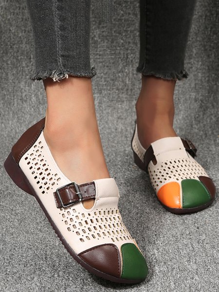

Comfortable Soft Sole Hollow Stitching Breathable Low Heel Shoes, Beige, Flats