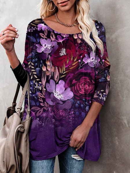

Casual Floral Autumn Jersey Long sleeve Crew Neck Regular Regular Regular Size T-shirt for Women, Purple, T-Shirts