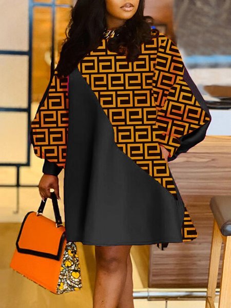 

Daily Long sleeve Stand Collar Regular Fit Color Block Dress, Black, Maxi Dresses