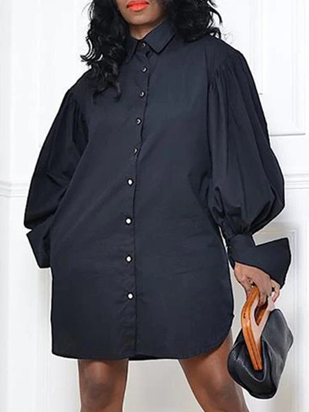 

Urban Plain Long Sleeve Shirt Collar Dress, Black, Mini Dresses
