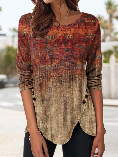 

Casual Ethnic Floral Design Crew Neck Knit Long Sleeve Top, Red brown, Tops