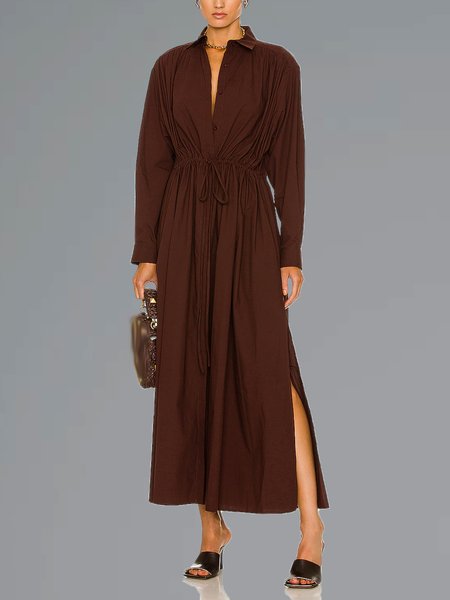 

Plain Autumn Urban Natural Daily Long sleeve X-Line Shirt Dress Regular Size Dresses for Women, Coffee, Maxi Dresses