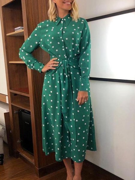 

Women Polka Dots Autumn Elegant Natural No Elasticity Regular Fit X-Line Regular Shirt Dress Dresses, Green, Midi Dresses