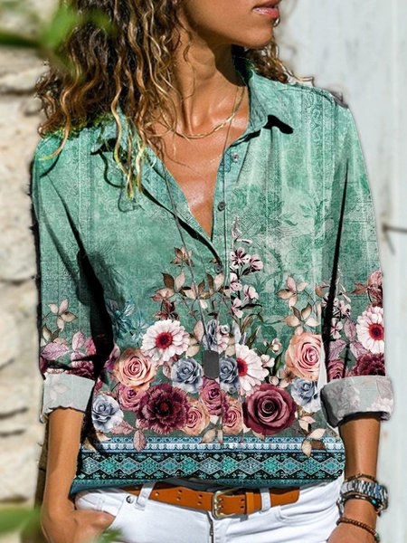 

Women Casual Floral Autumn Polyester No Elasticity Shawl Collar Regular H-Line Regular Blouse, Green, Shirts & Blouses