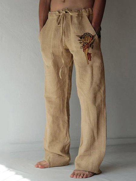 

Cotton Linen Hawaiian Print Casual Trousers, As picture, Men's pants