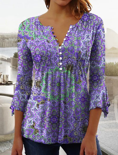 

V Neck Ethnic Casual Top, Purple, T-shirts