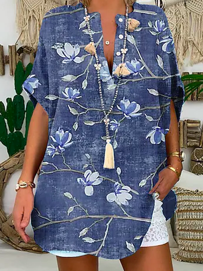 

Loose Floral V Neck Vacation Blouse, Blue, Shirts & Blouses