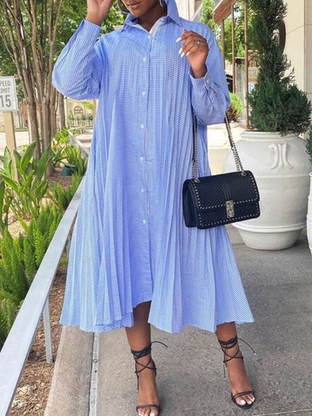 

Urban Loose Pleated Striped Shirt Dress, Blue, Midi Dresses