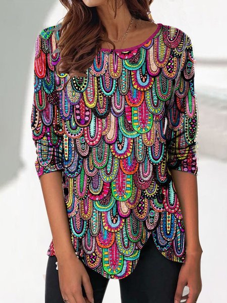 

Casual Geometric Allover Print Crew Neck Knit Long Sleeve Top, Multicolor, Shirts & Blouses