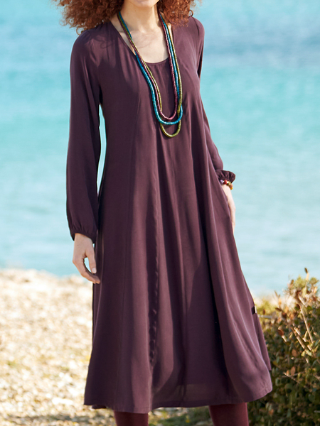 

Women Casual Plain Autumn Lightweight No Elasticity Daily Regular Fit Midi A-Line Dress, Deep red, Midi Dresses