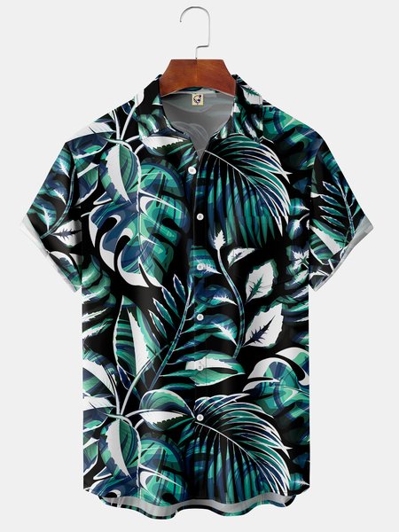 

3D Palm Leaves Chest Pocket Short Sleeve Hawaiian Shirt, Green, Men Shirts