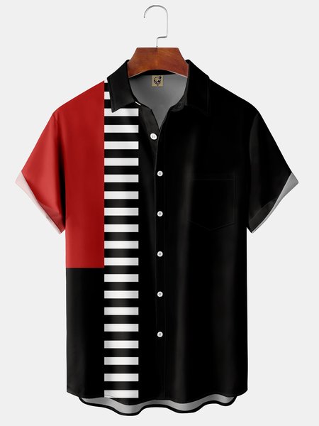 

Casual Art Collection Medieval Stripe Geometric Color Block Pattern Lapel Short Sleeve Shirt Print Top, Black, Short Sleeve Shirts