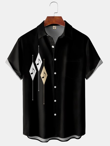 

Mens Music Print Front Buttons Soft Breathable Chest Pocket Casual Hawaiian Shirts, Black, Short Sleeve Shirts