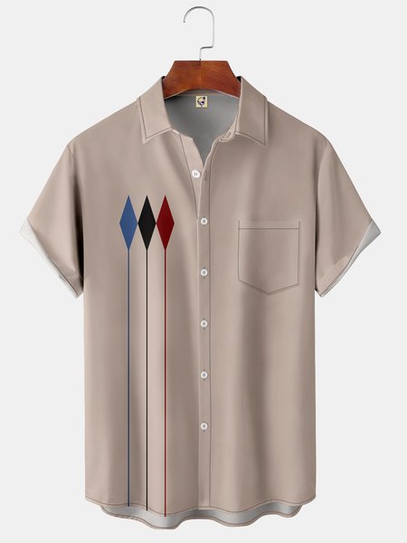 

Mens Retro Geo Print Front Buttons Soft Breathable Chest Pocket Casual Hawaiian Shirts, Khaki, Short Sleeve Shirts