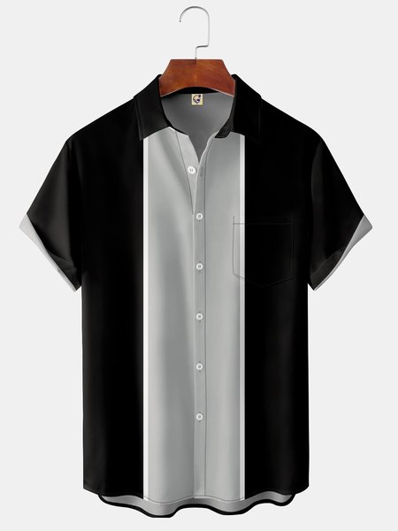 

Mens Retro Front Buttons Soft Breathable Chest Pocket Casual Bowling Shirts, Black, Short Sleeve Shirts