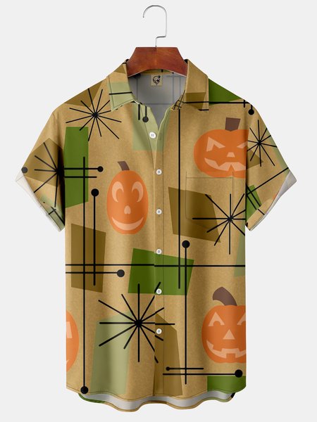 

Casual Festive Collection Medieval Halloween Striped Geometric Color Block Pumpkin Element Pattern Lapel Short Sleeve Shirt Print Top, Khaki, Shirts ＆ Blouse