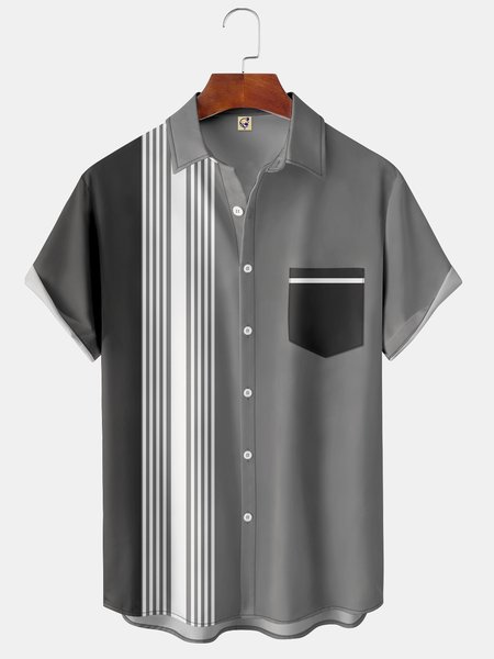 

Basic Chest Pocket Short Sleeve Bowling Shirt, Gray, Men Shirts
