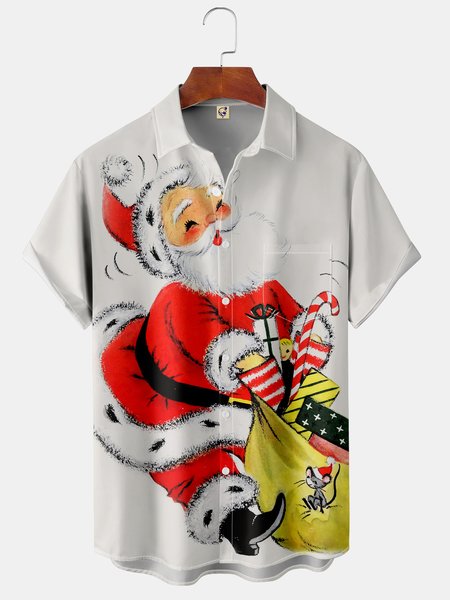 

Mens Retro Christmas Santa Print Front Buttons Soft Breathable Chest Pocket Casual Hawaiian Shirts, White, Short Sleeve Shirts