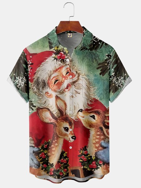 

Mens Retro Christmas Santa Print Front Buttons Soft Breathable Chest Pocket Casual Hawaiian Shirts, Green, Short Sleeve Shirts