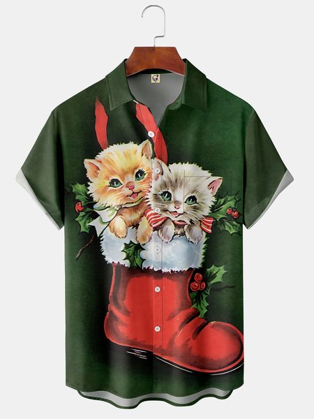 

Mens Retro Christmas Cats Print Front Buttons Soft Breathable Chest Pocket Casual Hawaiian Shirts, Green, Short Sleeve Shirts