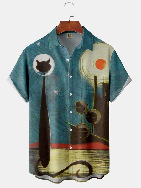 

Casual Style Art Series Illustration Striped Geometric Space Cat Element Pattern Lapel Short Sleeve Shirt Print Top, Blue, Shirts ＆ Blouse