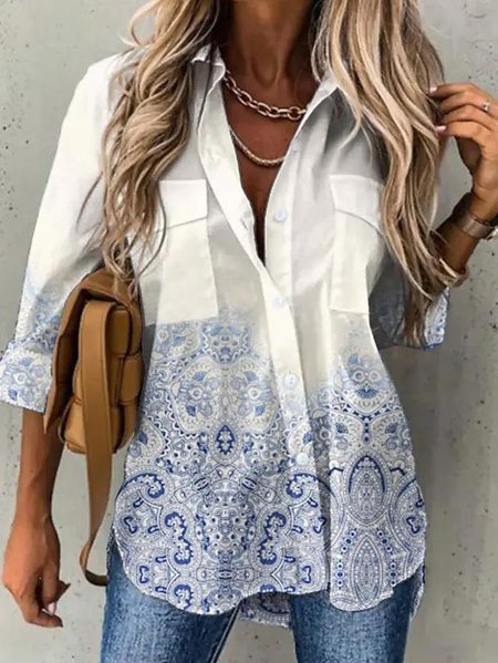 

Women Casual Ethnic Autumn No Elasticity Daily Loose Long sleeve Regular X-Line Blouse, White, Blouses & Shirts