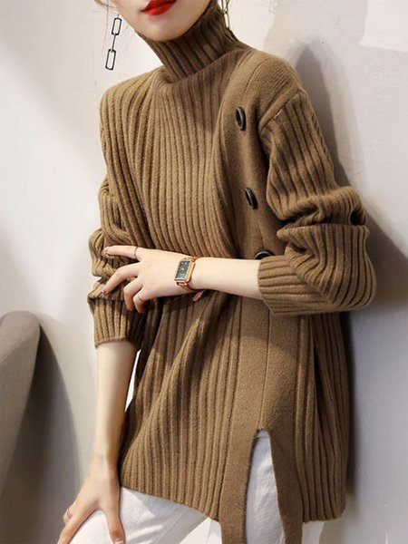 

Turtleneck Plain Urban Long Sleeve Sweater, Yellow brown, Sweaters