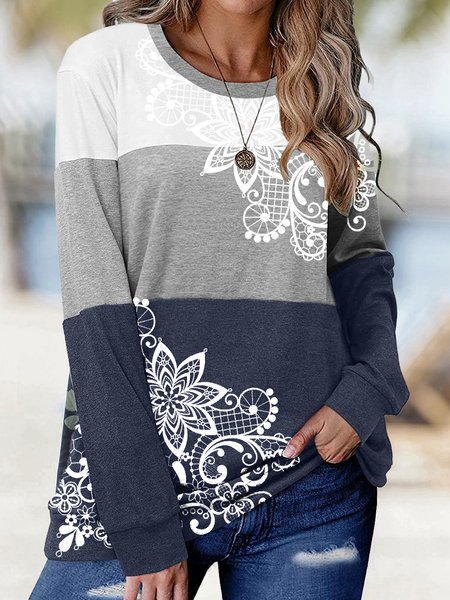 

Floral Casual Autumn Daily Regular Fit Crew Neck Regular Regular Regular Size T-shirt for Women, Blue, T-Shirts