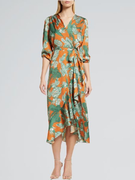 

Floral Fit V Neck Elegant Dresses, Orange red, Midi Dresses