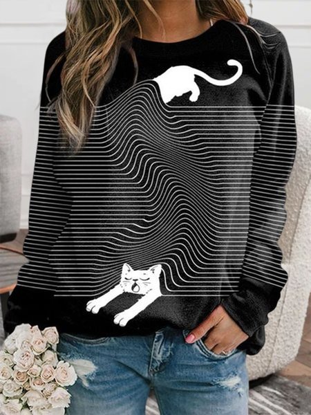 

Crew Neck Loose Cat Sweatshirt, Black, Sweatshirts & Hoodies