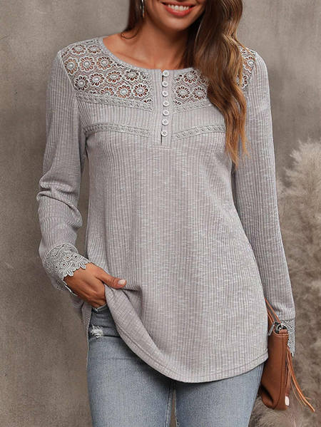 

Casual Long Sleeve Light Grey Marl Lace Stitching T Shirt, Gray, T-Shirts