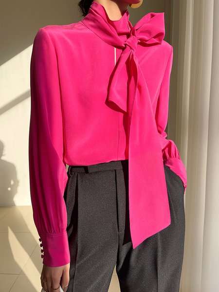 

Plain Autumn Elegant Bow Loose Long sleeve H-Line Regular Regular Size Blouse for Women, Rose red, Blouses and Shirts
