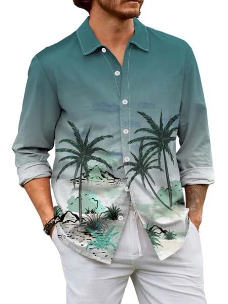 

Cotton Linen Hawaiian Resort Gradient Long Sleeve Shirt, As picture, Long Sleeve Shirts