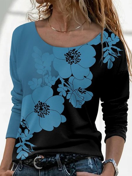 

Casual Floral Autumn Daily Crew Neck Regular H-Line Regular Medium Elasticity T-shirt for Women, Blue, T-Shirts