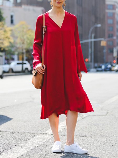 

Plain Simple Autumn V neck No Elasticity Midi Long sleeve H-Line Regular Size Dresses for Women, Wine red, Midi Dresses