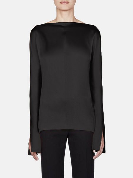 

Simple Plain Long Sleeve Blouse, Black, Blouses and Shirts