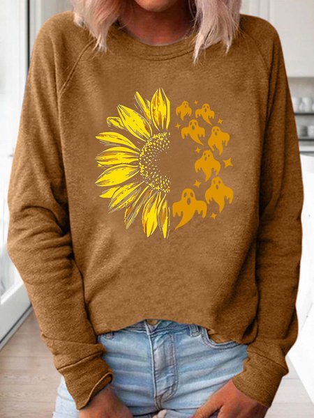 

Women Plant Sunflower Ghost Halloween Simple Sweatshirt, Khaki, Hoodies&Sweatshirts