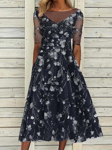 Crew Neck Urban Floral Prom Dress, Blue, Dresses