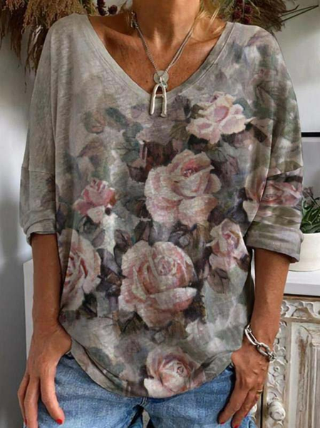 

Casual V-Neck Loose Floral Print Half Sleeve T-Shirt, Gray, T-Shirts