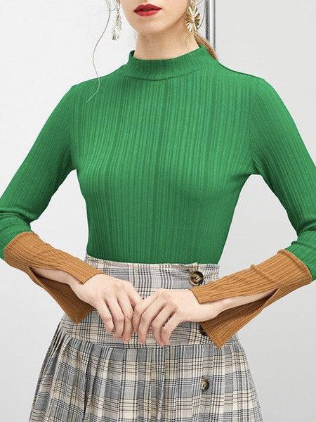 

Turtleneck Simple Tight Long Sleeve T-Shirt, Green, Tees