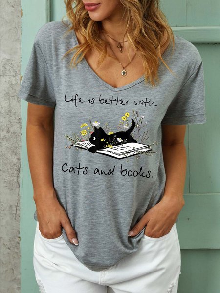 Women Books And Cats Life Better Cat Casual T-shirt, Gray, T-shirts