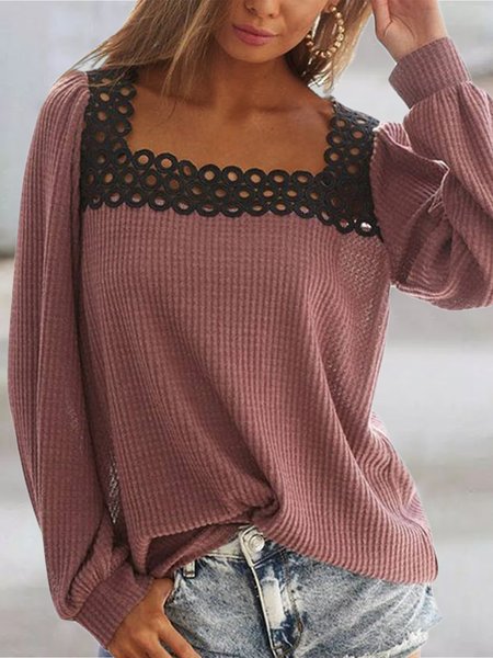 

Casual Plain Autumn Polyester Square neck Micro-Elasticity Daily Loose H-Line Tops for Women, Red, Tops