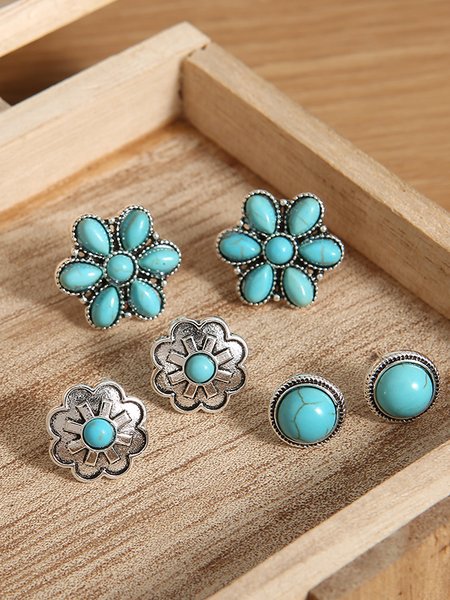 

3Pcs Ethnic Vintage Natural Turquoise Earrings Set, As picture, Earrings
