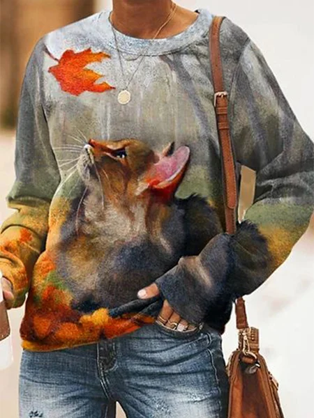 

Crew Neck Casual Cat And Landscape Print Sweatshirt, Multicolor, Sweatshirts & Hoodies