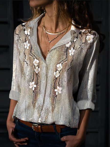 

Casual Floral Shawl Collar Blouse, Light gray, Shirts & Blouses