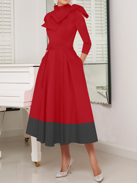 

Color Block Autumn Elegant Polyester Stand Collar High Elasticity Regular Fit Three Quarter Regular Size Dresses for Women, Red, Maxi Dresses