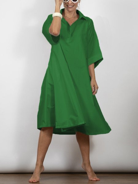 

Shirt Collar Plain Three Quarter Sleeve Midi Dress, Green, Midi Dresses