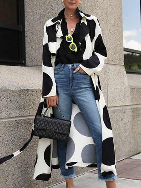 

Long sleeve Lapel Collar Urban Polka Dots Trench Coat, White, Outerwear